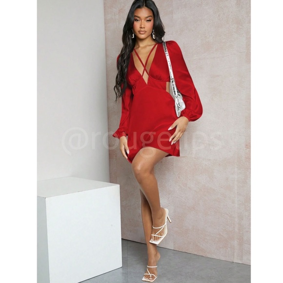 Strappy Red Satin Cut Out V-Neck Short Dress Long Lantern Sleeves Tie Neck - Picture 5 of 9
